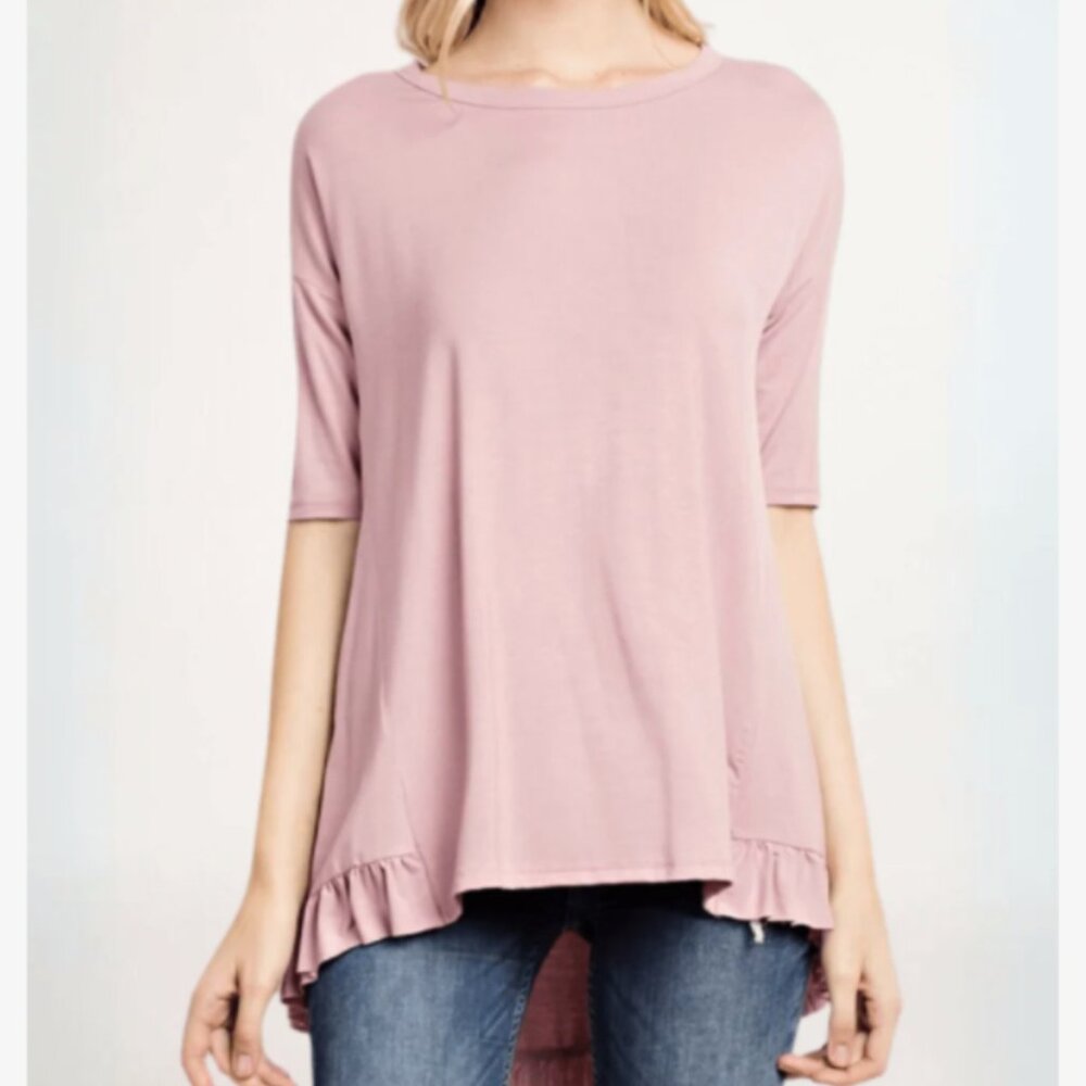 Pleione Blush Pink Round Neck 3/4 Sleeve Ruffle Hem Tunic Top Size M